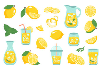 Lemonade in jar, mint cocktails cartoon set. Pitcher drinks with straw, lemon slice