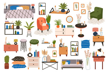 Interior design collection. Modern furniture elements set with sofa, chairs and lamps