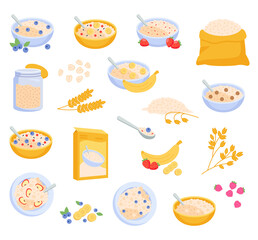 Oatmeal porridge for breakfast cartoon set. Oat flakes in box, bowl of porridge with banana, berries - obrazy, fototapety, plakaty