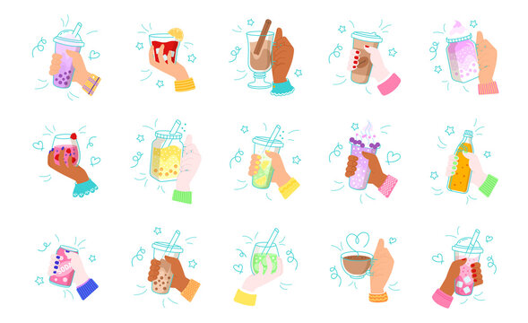 Hands hold drinks set. Doodle hands with cold, hot refreshing plastic mugs and cups with beverages