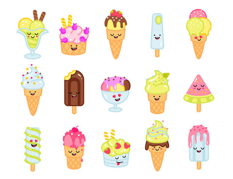 Cartoon kawaii ice cream set. Chocolate, fruit icecream on stick or in waffle cone with smiling face