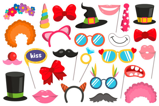 Photo booth party elements set. Funny face masks, glasses, vintage party hats and birthday costume