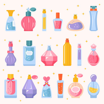 Set of perfume bottles, colorful glass vials flasks with sprayer and pump. Aroma scents cosmetics