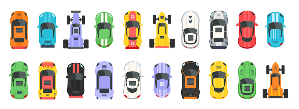 Sport and racing cars set. Modern vehicle elements top view of different models of automobiles
