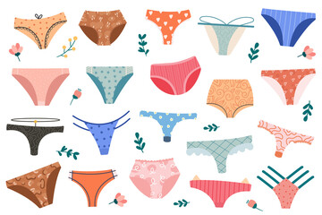 Set of cartoon women panties, underwear string, thong, tanga, bikini. Cheeky, classic brief, slip - obrazy, fototapety, plakaty