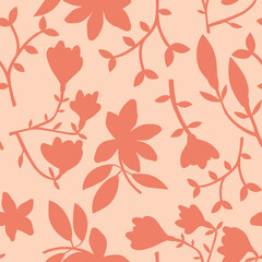 Botanical seamless pattern. Flowers and buds of simple abstract shape on branches with leaves. Hand drawn natural elements. Vector