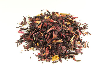 Pile of dry hibiscus ,tea ingredient, isolated on white background.