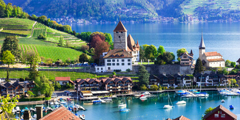 Scenic lake Thun and the Spiez village with its famous medieval castle and old town in the alps in...