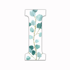 Capital letter I decorated with green leaves. Letter of the English alphabet with floral decoration. Green foliage.