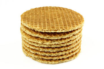 Stack of caramel filled golden color waffles isolated on white background