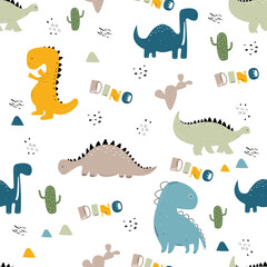 Vector hand-drawn colored seamless repeating childrens pattern with cute dinosaurs and cacti in Scandinavian style on white background. Children's pattern with dinosaurs. Cute baby animals. Dino.