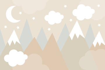 Vector hand drawn baby 3d wallpaper. Mountains, clouds, moon and stars. Trendy children's wallpaper design.  Scandinavian style.