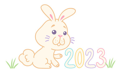 Vector illustration of a rabbit for New Year 2023 in kawaii style.