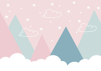 Mountains and clouds in dusty pastel colors. For baby wallpapers, decor, web banners, posters. Vector illustration. Children's wallpaper. Hand drawn in scandinavian style. Mountain landscape.
