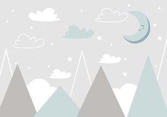 Fototapeta premium Cute mountains, moon and clouds in pastel colors. For baby wallpapers, decor, web banners, posters. Vector illustration. Children's wallpaper. Hand drawn in scandinavian style. Mountain landscape.