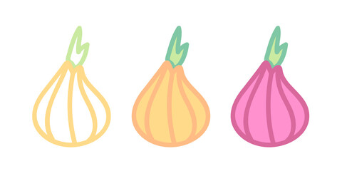Vector set icons of onions. Vector illustration of onion. Hand drawing vegetables.