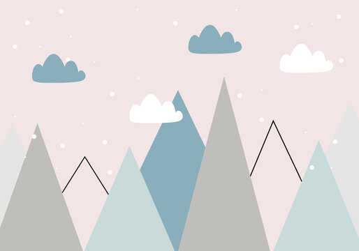 Cute mountains and clouds in pastel colors. For baby wallpapers, decor, web banners, posters. Vector illustration. Children's wallpaper. Hand drawn in scandinavian style. Mountain landscape.
