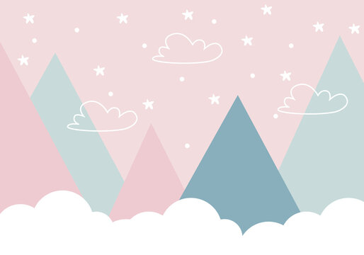 Fototapeta Mountains and clouds in dusty pastel colors. For baby wallpapers, decor, web banners, posters. Vector illustration. Children's wallpaper. Hand drawn in scandinavian style. Mountain landscape.