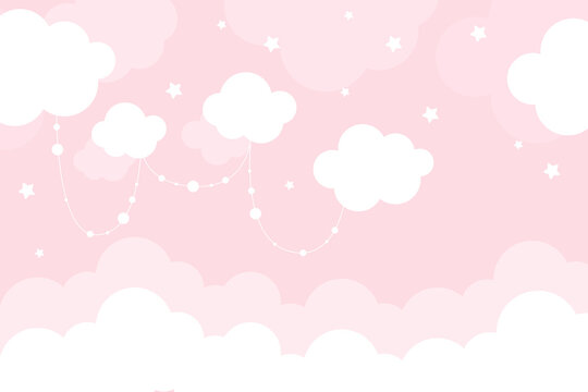 Vector hand drawn modern childrens wallpaper. Airy cute clouds and stars on a pink background. Scandinavian style. To decorate a child's room. Wallpaper for a little princess.