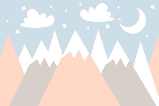 Vector hand drawn childish wallpaper with mountains, clouds, moon and stars. Modern design for a children's room. Scandinavian style.