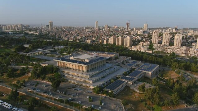 Israel knesset parliament close to sunset, aerial
Drone view from the capital of israel, Jerusalem, 2022, Israel
