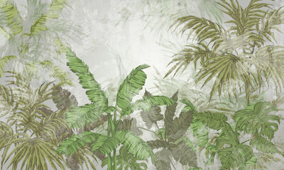 tropics art drawing on a textured background photo wallpaper in the interior
