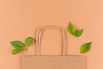 Kraft paper shopping bag with green leaves over light brown background with copy space. Street food...