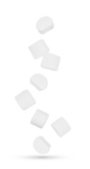 Fototapeta na wymiar Marshmallows falling in the air isolated on white background.