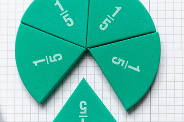 Close up of math fractions on the open notepad. Back to school concept. Creative mathematics, study, education.