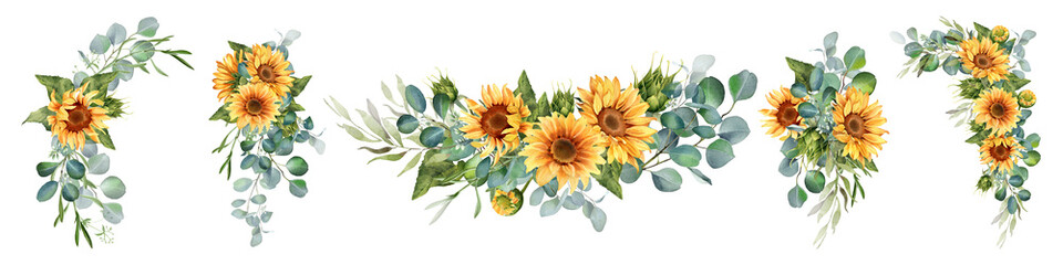 Sunflower and eucalyptus leaves bouquet. Watercolor floral illustration. Yellow flowers for rustic wedding design, thanksgiving decoration, fabric, greeting cards, ets. Isolated on white background