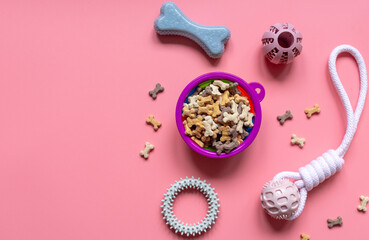 Close up rubber balls, rings, bowl with snacks for pets. Multicolored balls for dogs and bone snacks on a pink background. Toys, balls, bones, for playing and training