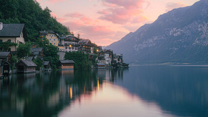 Fototapeta na wymiar Photograph of Hallstatt Austria by the lake at sunset