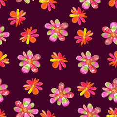 Pencil drawn simple multicoloured flowers pattern, pencil flowers, kids background, childish background, simple elements