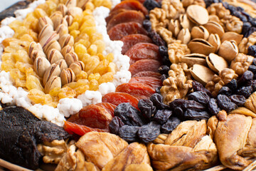 an assortment of different dried fruits on a round platter.