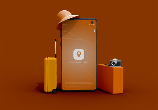 Suitcase and Hat with Smartphone Travel Concept Mockup