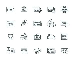 Simple Set of News Icons. Such as Newspaper, Journalist, Live Broadcast, Camera, Fake News, Microphone and others