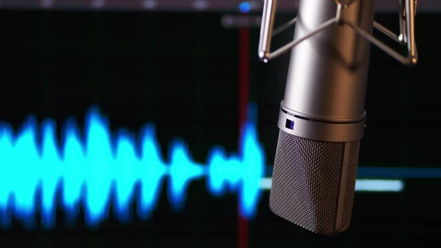 Audio specturm blue color. Recording studio. Computer screen. 4K