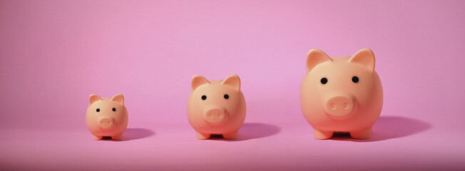 Piggy bank isolated on pink background. Saving money concept.