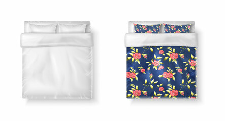 3d realistic vector icon set. Double bed with white bedsheets, duvet and two pillows in white and printed.