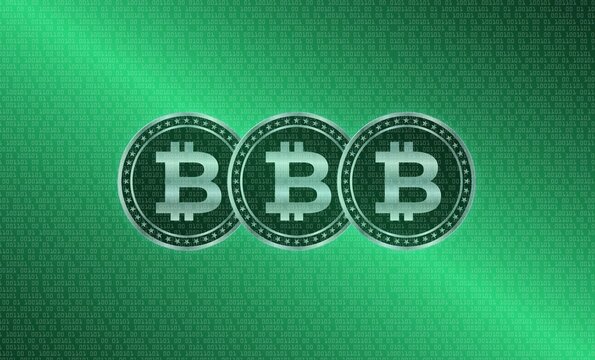 images of the bitcoin logo on a digital background. 3d illustrations.