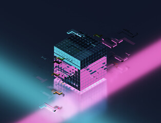 Isometric 3d view, sci fi glass technology cube, neon glow, turquoise and pink lighting 3d illustration render