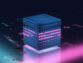 3d view, sci fi glass technology cube, neon glow, turquoise and pink lighting 3d illustration render