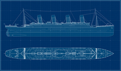 British transatlantic steamer. The largest passenger ship in world history in 1912-1913. On her maiden voyage, she sank in the North Atlantic after colliding with an iceberg. Blueprint. © Olena