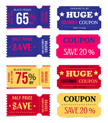 Coupons for discounts on sale in the store. Blue, pink, red, yellow color. Used in web design, illustrations, banners, posters.