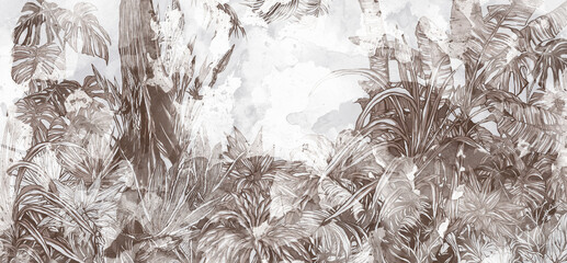 art drawing watercolor tropics on a light photo wallpaper in the interior