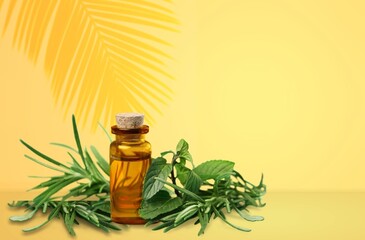 Clean brown glass cosmetic bottles with sun shade from tropical leaf. Summer concept of natural cosmetics. Spa products for health, beauty.