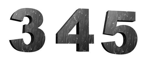 Plasticized alphabet. Numbers 3, 4, 5. Black plastic font. Synthetic material. 3D illustration. Cut ready.