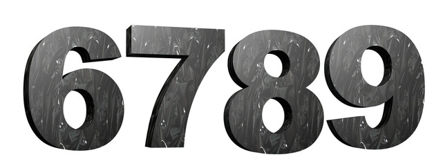 Plasticized alphabet. Numbers 6, 7, 8, 9.. Black plastic font. Synthetic material. 3D illustration. Cut ready.