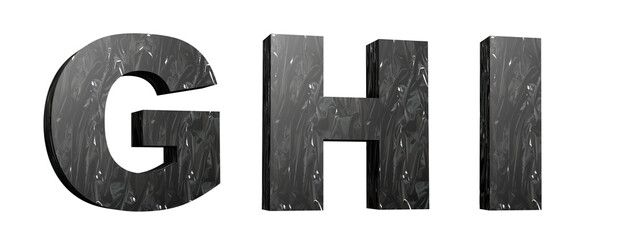 Plasticized alphabet. Letters G, H, I. Black plastic font. Synthetic material. 3D illustration. Cut ready.