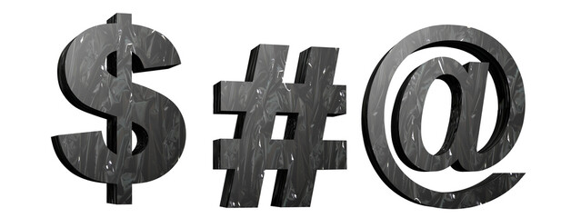 Plasticized alphabet. Dollar sign, hashtag, arroba. Black plastic font. Synthetic material. 3D illustration. Cut ready.
